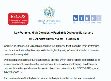 Low Volume / High Complexity Paediatric Orthopaedic Surgery - BSCOS/GIRFT/BOA Position Statement image